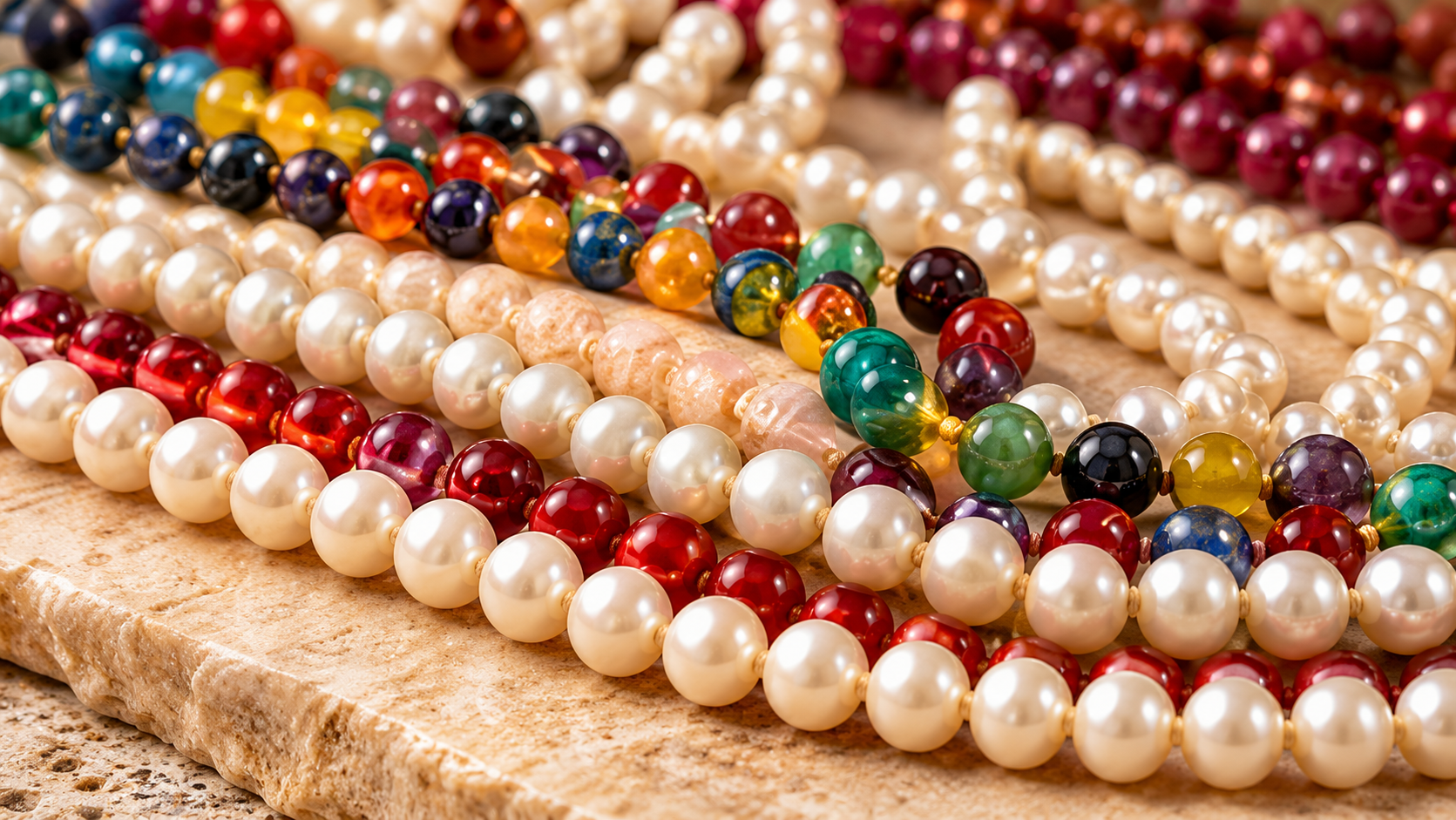 Colourful gemstone malas and white pearl malas