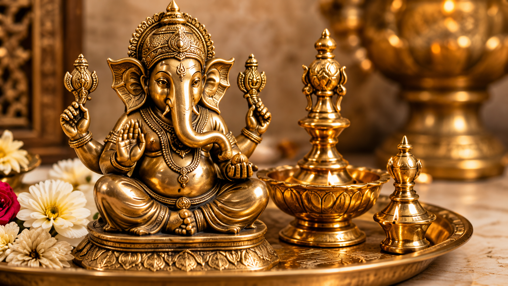 Brass Ganesha idol with metal pooja essentials