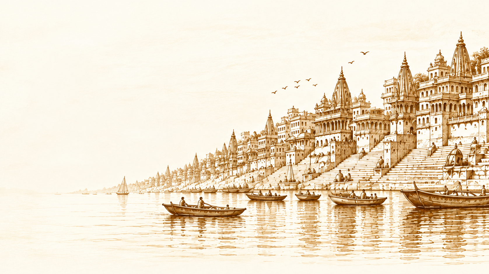 Sepia illustration of Varanasi ghats and boats along the Ganges