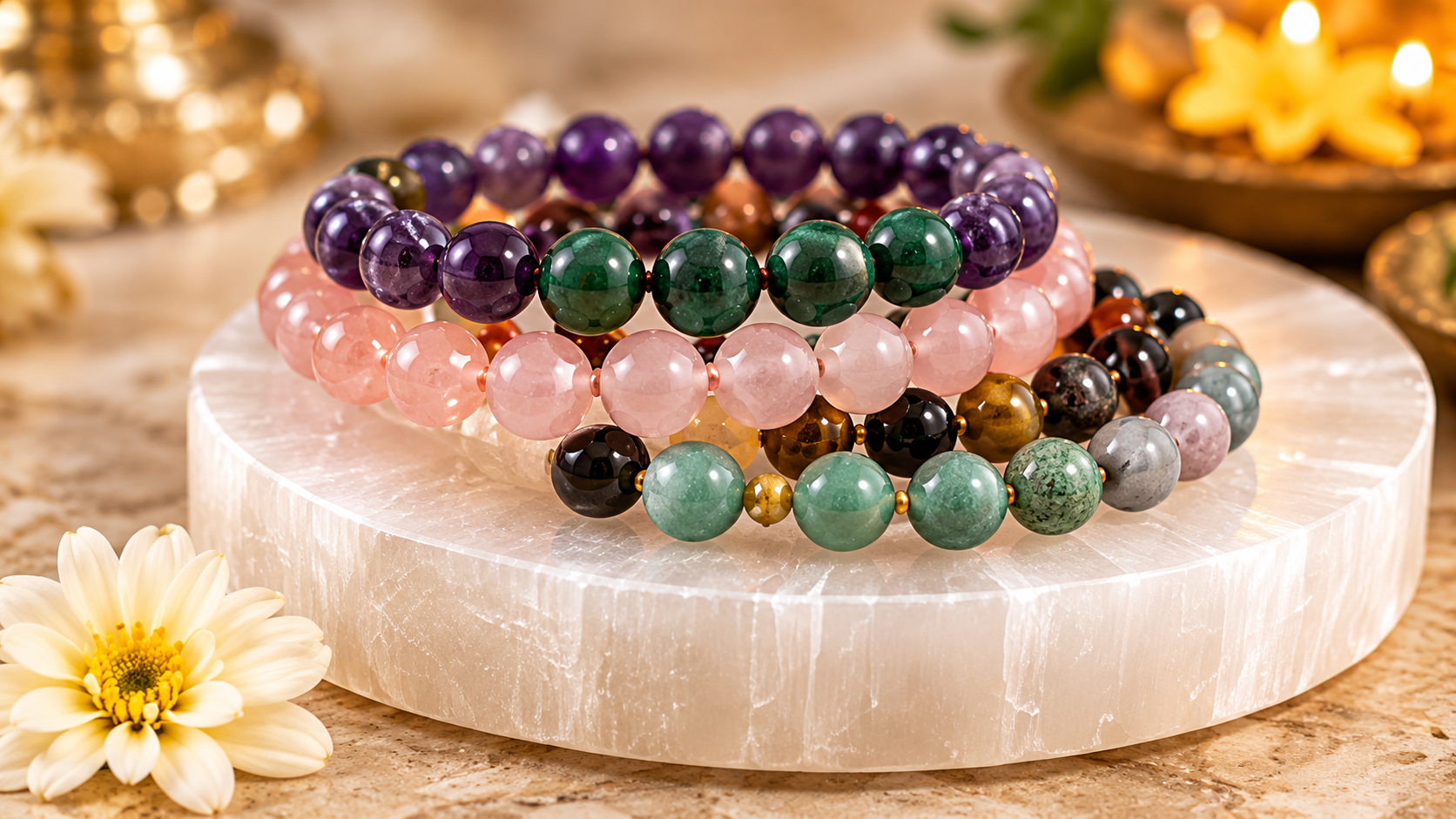 Colourful stone bracelets displayed on a selenite plate