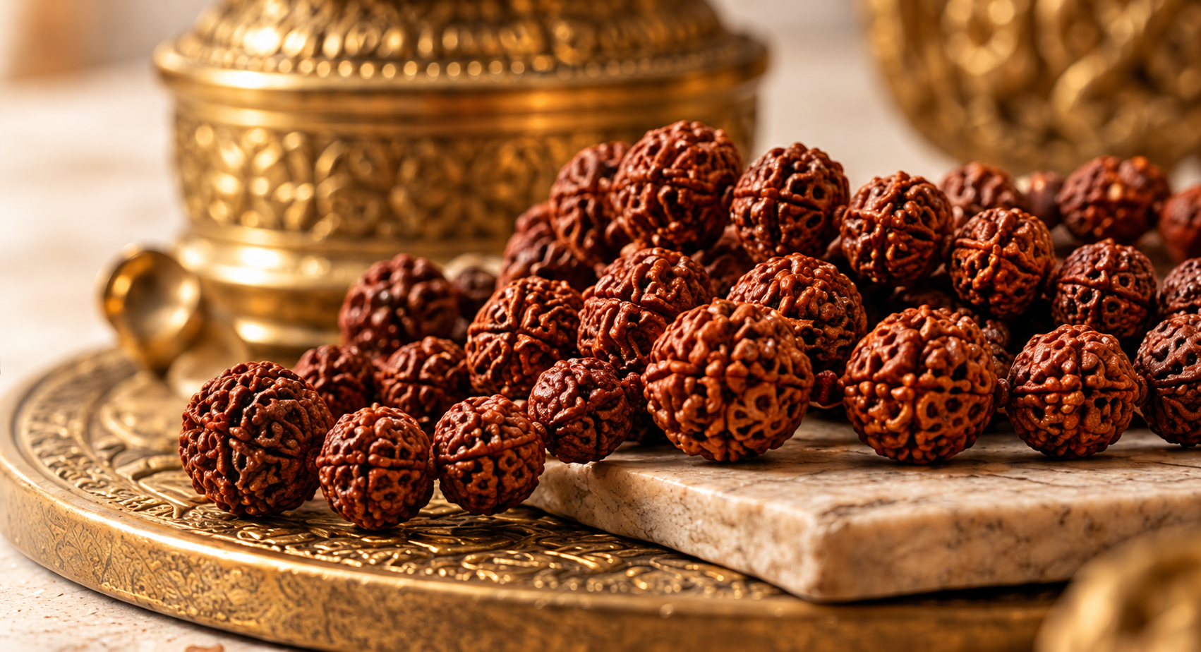Rudraksha beads displayed alongside brass pooja items