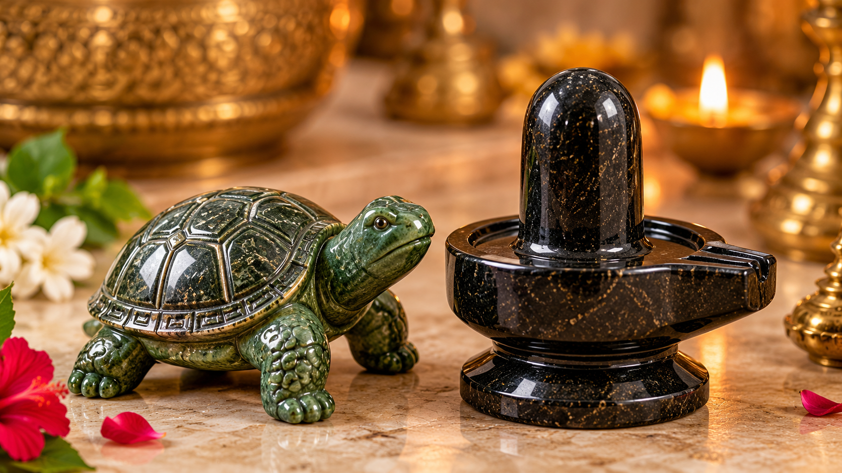 Green stone tortoise and polished black Shivalingam