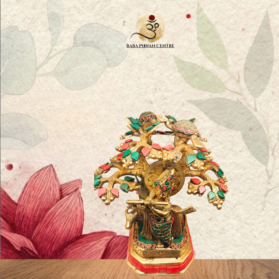Unique Brass Lord Krishna playing the flute beneath the sacred Kadamba Tree with Meenakari Stone Work - Image 4