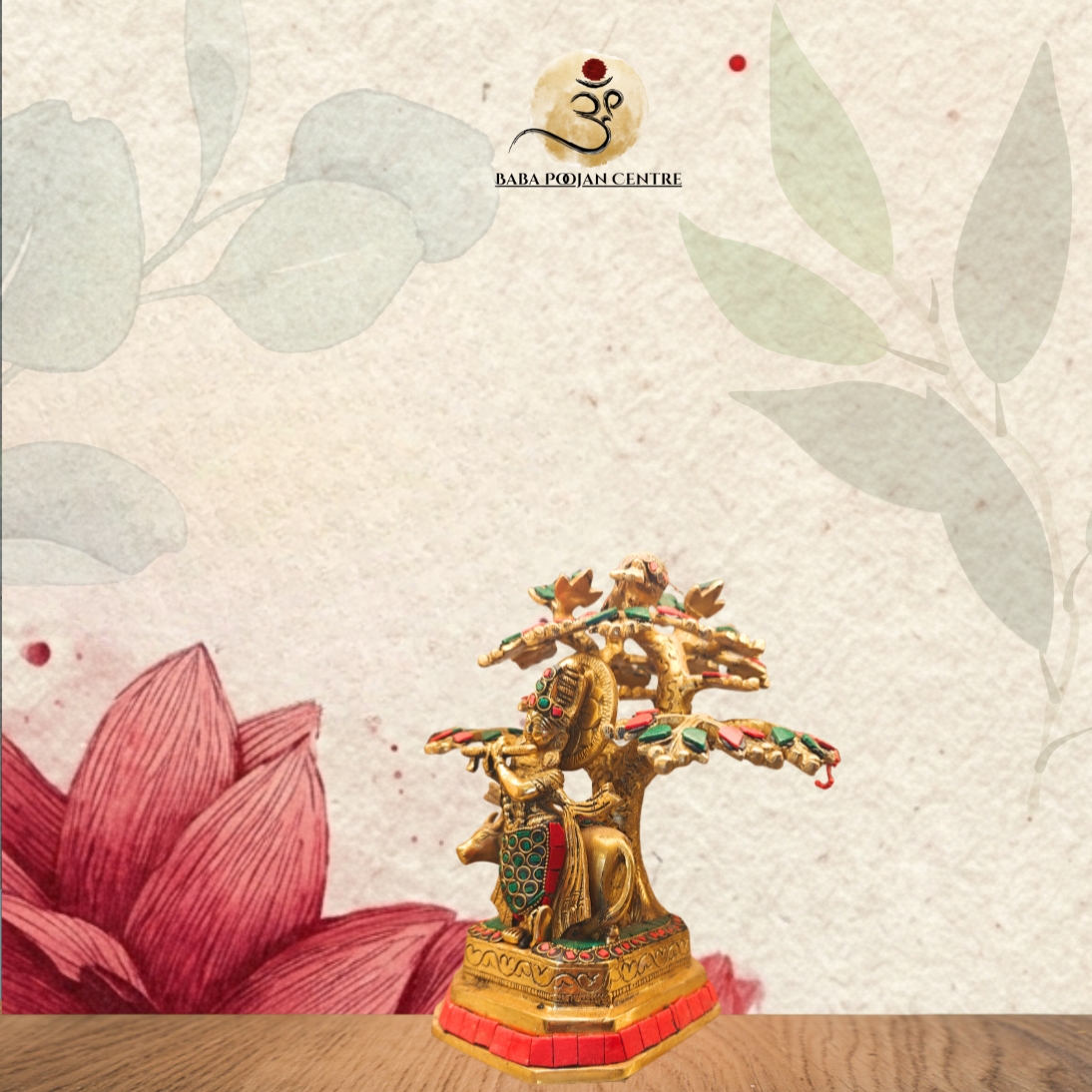 Unique Brass Lord Krishna playing the flute beneath the sacred Kadamba Tree with Meenakari Stone Work - Image 3