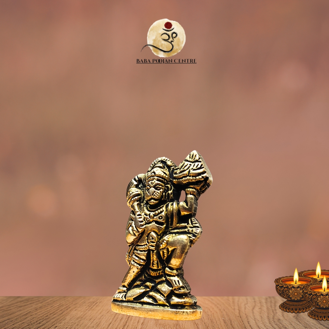 Brass Hanuman Carrying the Sanjeevani Mountain Statue - Image 2