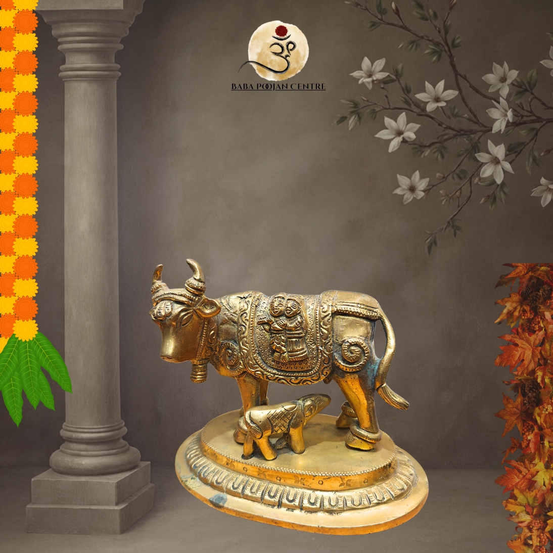 Brass Kamadhenu Cow Idol with Radha Krishna | Handicrafted Idol for Home Temple and Mndir