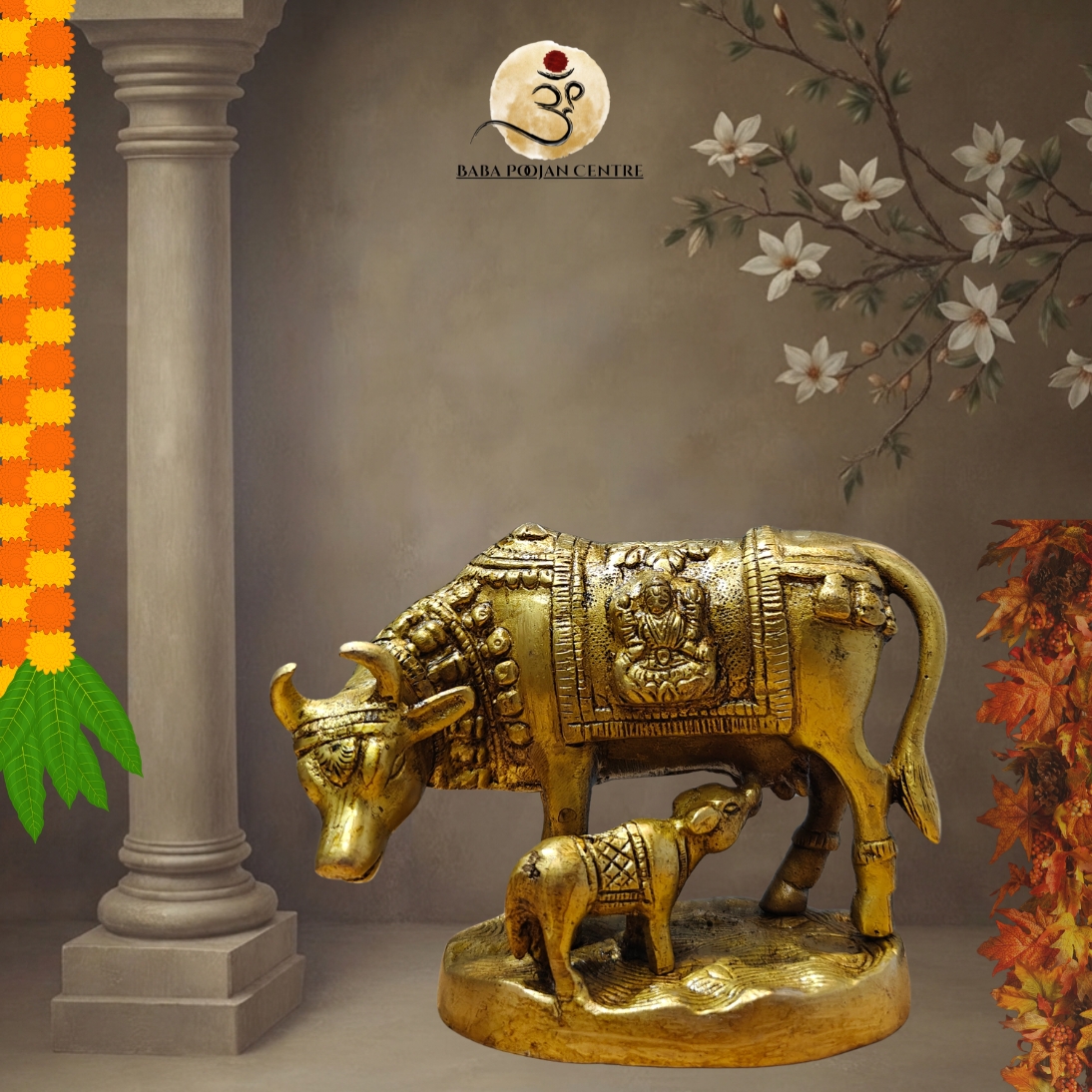 Brass Kamadhenu Cow with Lord Ganesha Murti| Handicrafted Idol for Home Temple and Mandir