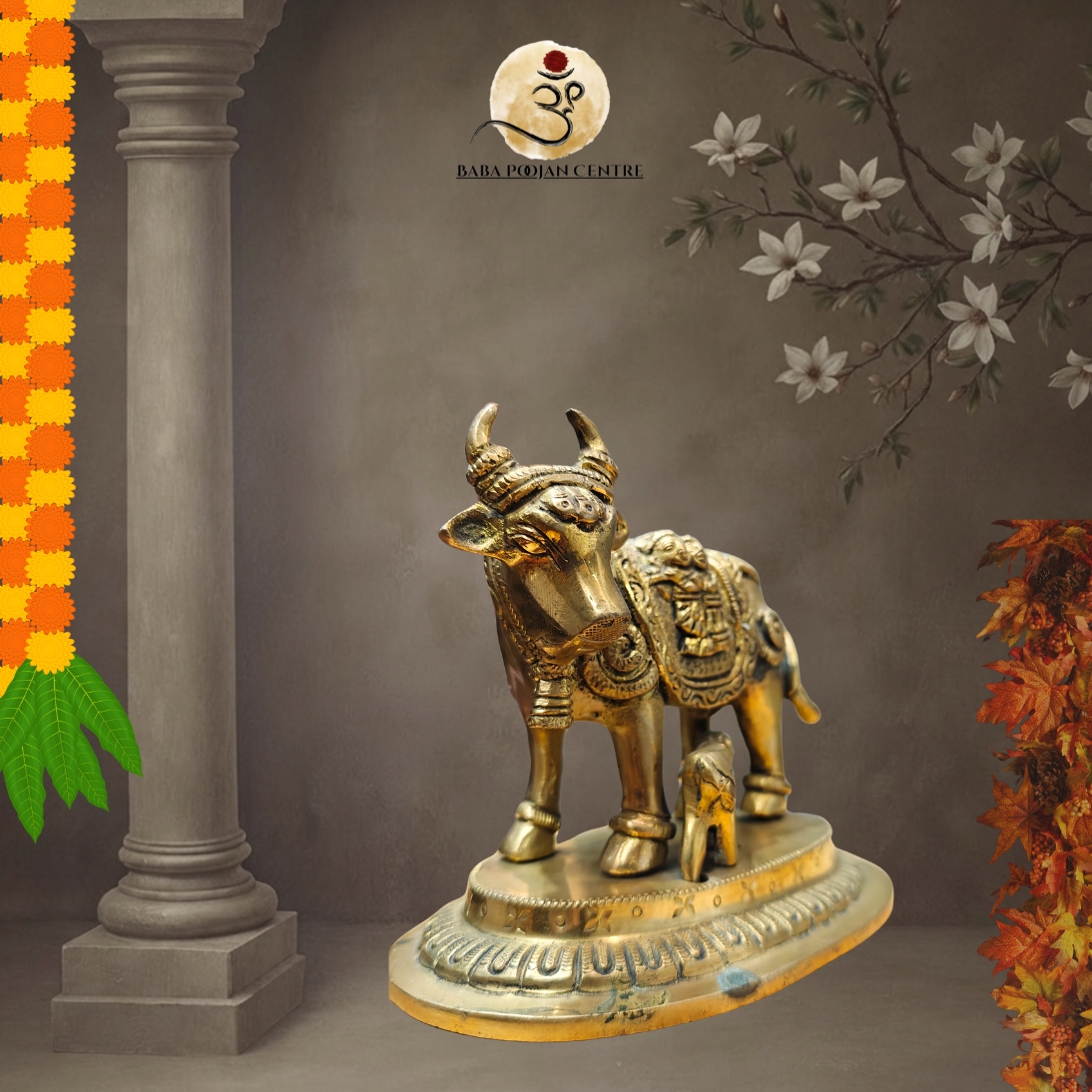 Brass Kamadhenu Cow Idol with Radha Krishna | Handicrafted Idol for Home Temple and Mndir - Image 3