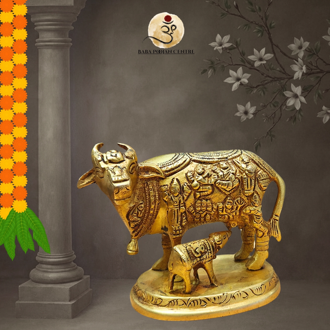 Unique Brass Kamdhenu Cow with Koti Devtas Murti | Handicrafted Idol for Home Mandir and Temple