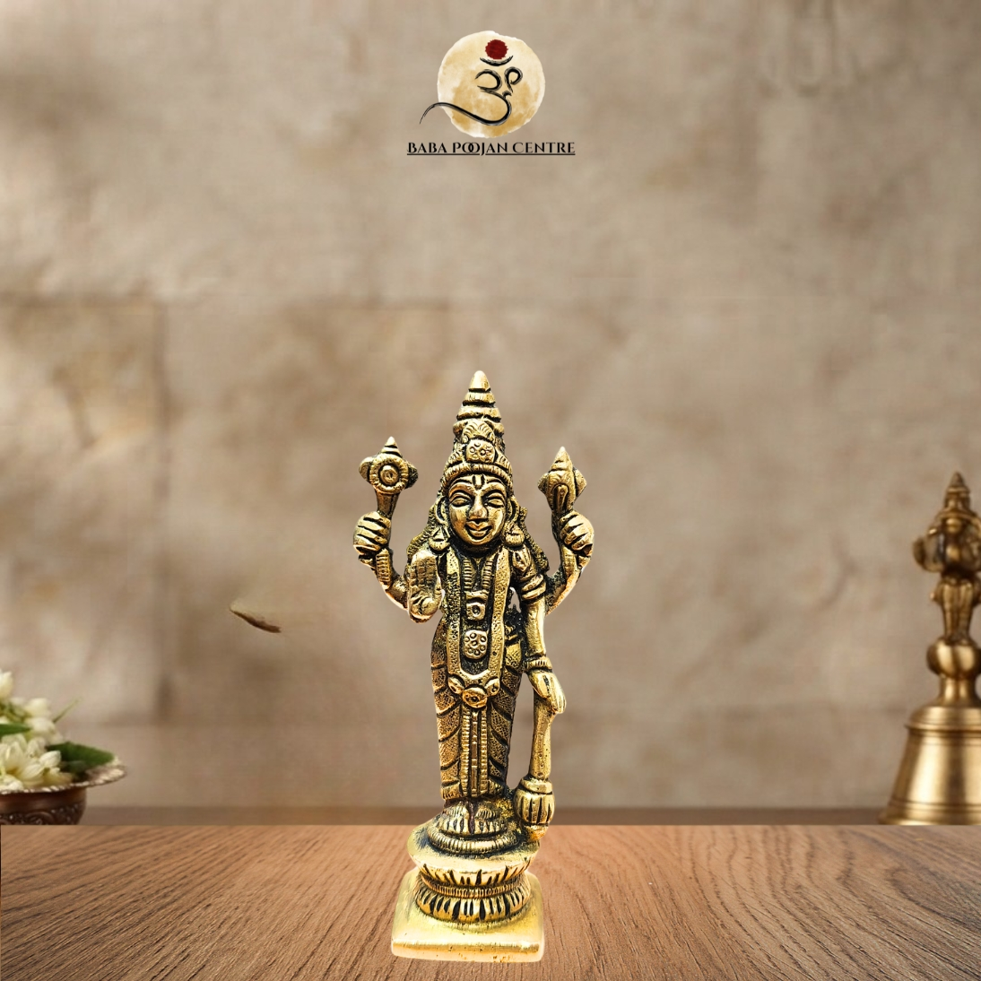 Standing Brass Lord Vishnu idol. Expertly handcrafted with an antique touch, it radiates timeless spiritual elegance