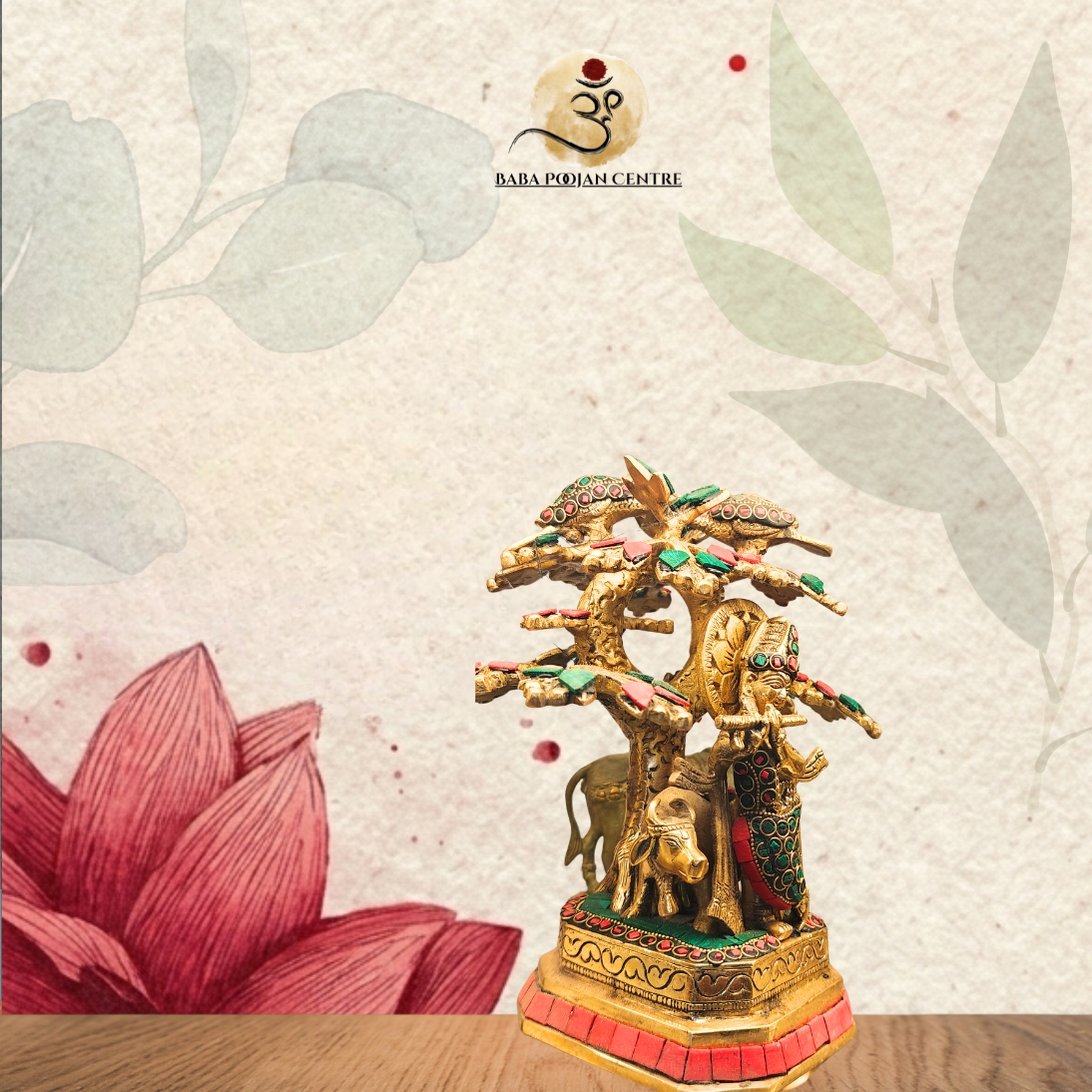 Unique Brass Lord Krishna playing the flute beneath the sacred Kadamba Tree with Meenakari Stone Work - Image 2