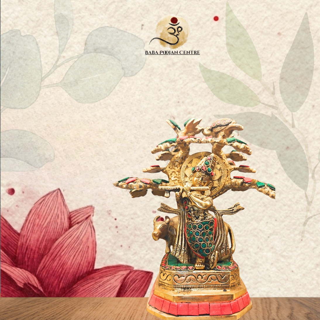 Unique Brass Lord Krishna playing the flute beneath the sacred Kadamba Tree with Meenakari Stone Work