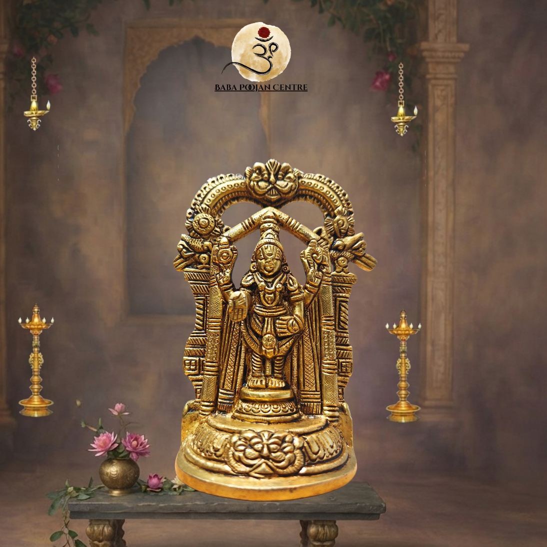 Brass Lord Venkateswara (Tirupati Balaji) Murti with carved Prabhavali(Sacred Temple Arch)