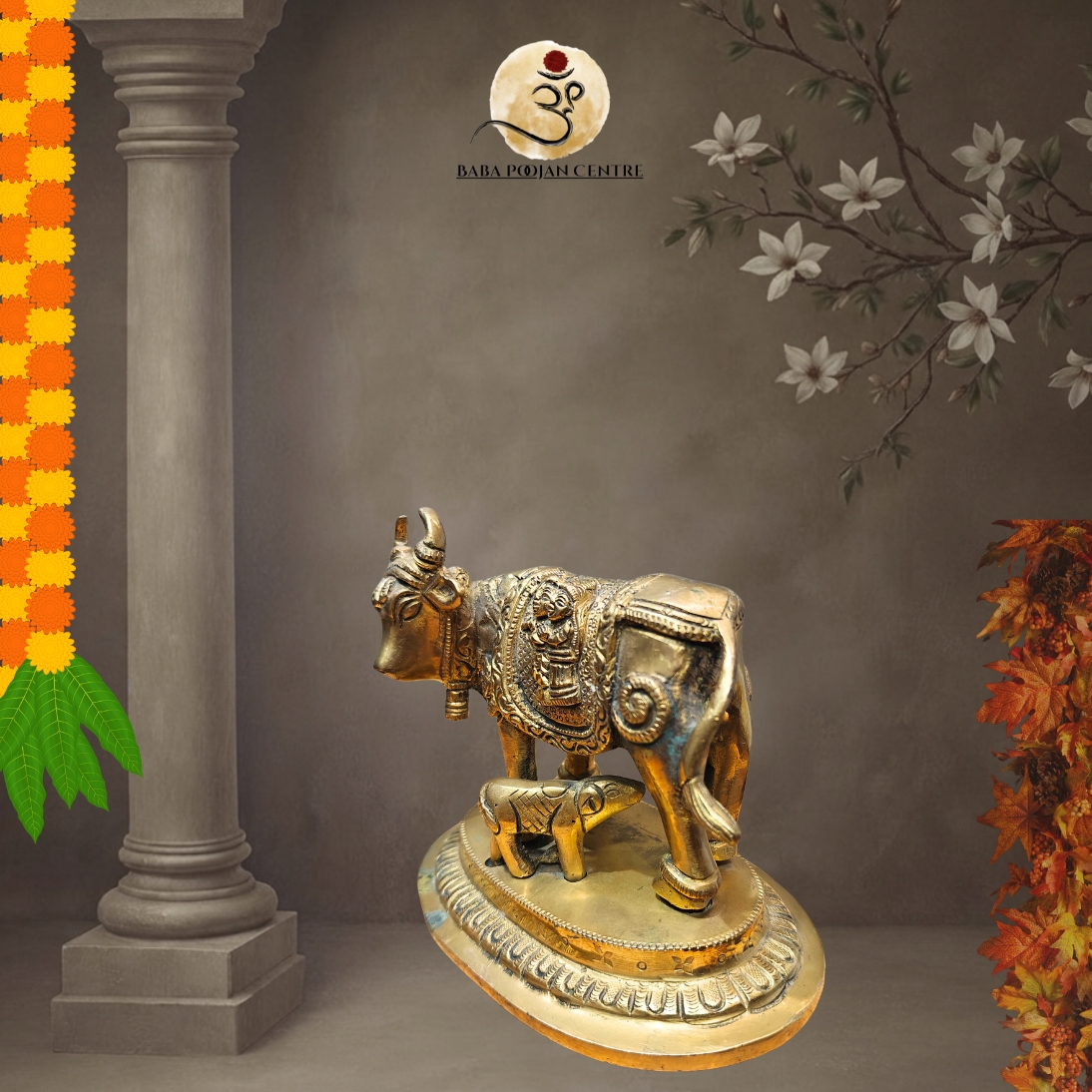 Brass Kamadhenu Cow Idol with Radha Krishna | Handicrafted Idol for Home Temple and Mndir - Image 4