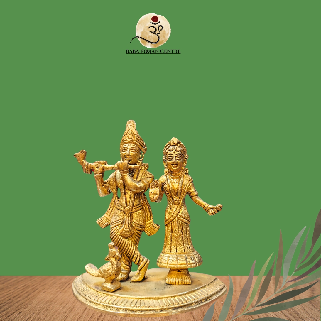 Brass Radha Krishna Standing Idol with Peacock – Antique Finish