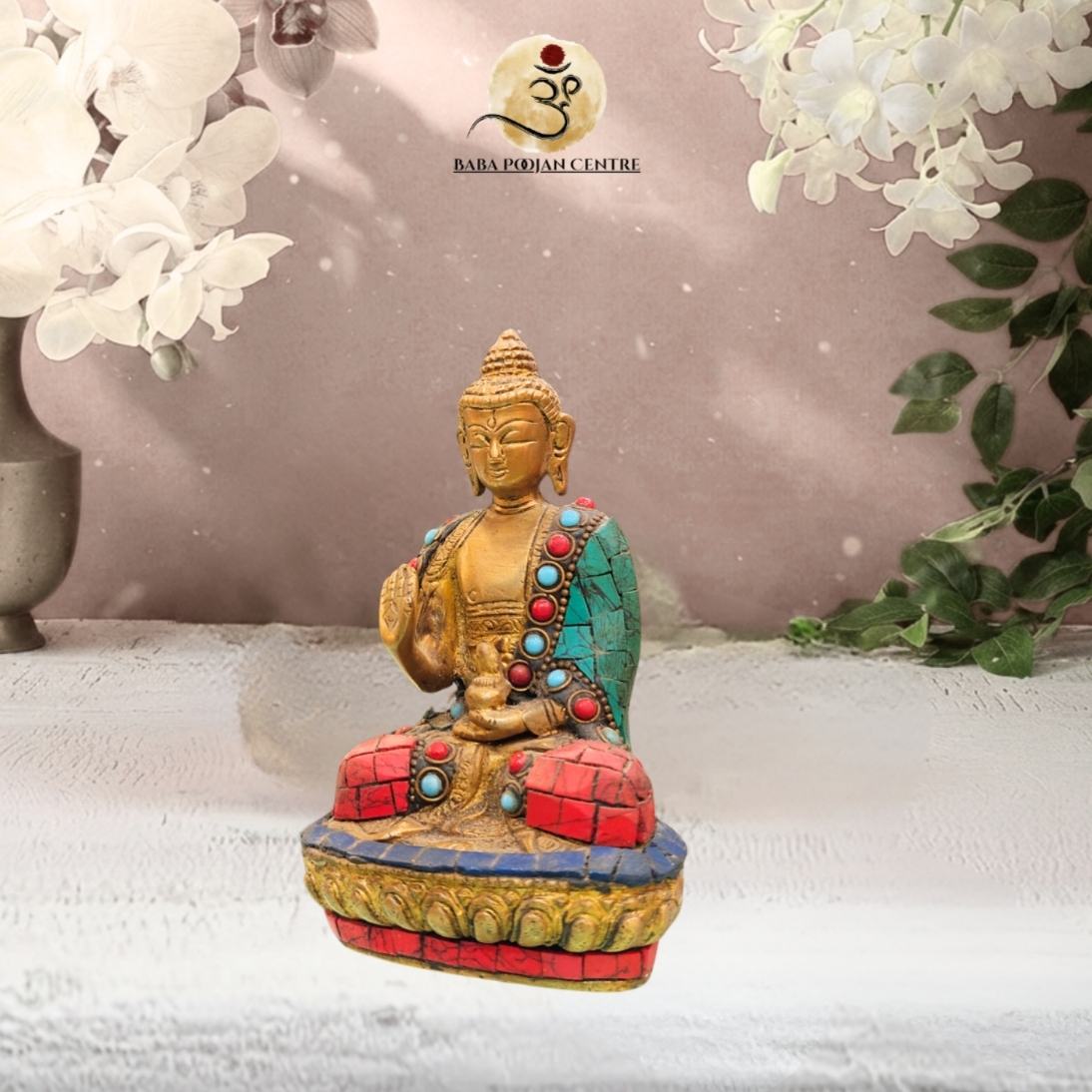 Brass Buddha Idol with Colorful Stone Embellishments
