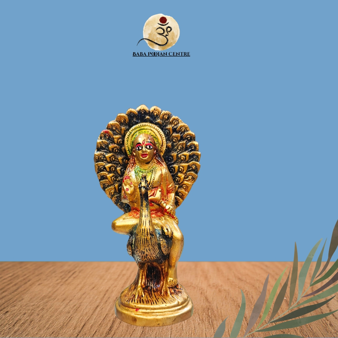 Lord Kartikeya idol. Seated majestically on His sacred peacock with an exquisite feathered halo, this piece radiates timeless spiritual grace
