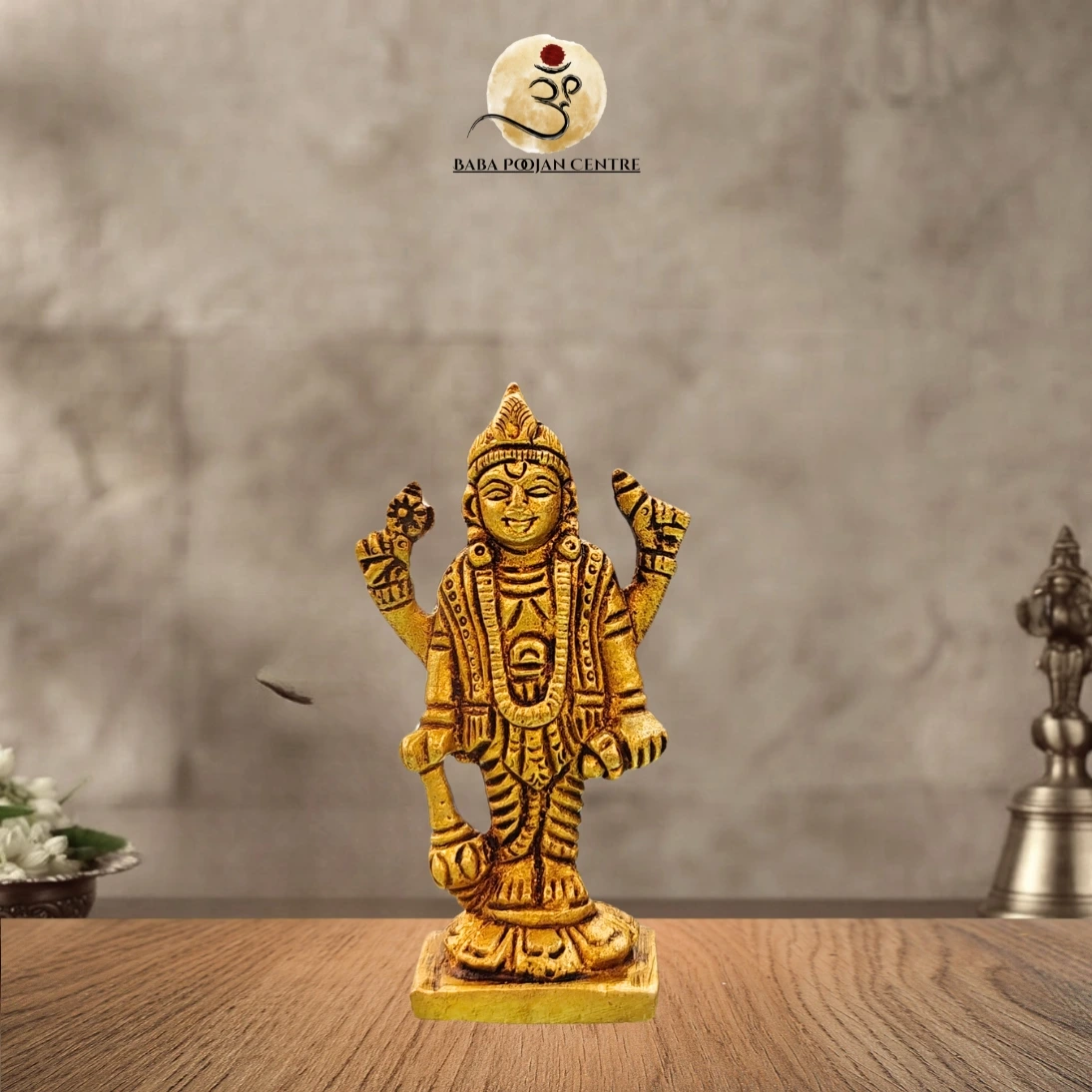 Standing Brass Lord Vishnu idol. Every intricate detail—from the sacred crown to the celestial weapons—Reflects timeless devotion and craftsmanship.